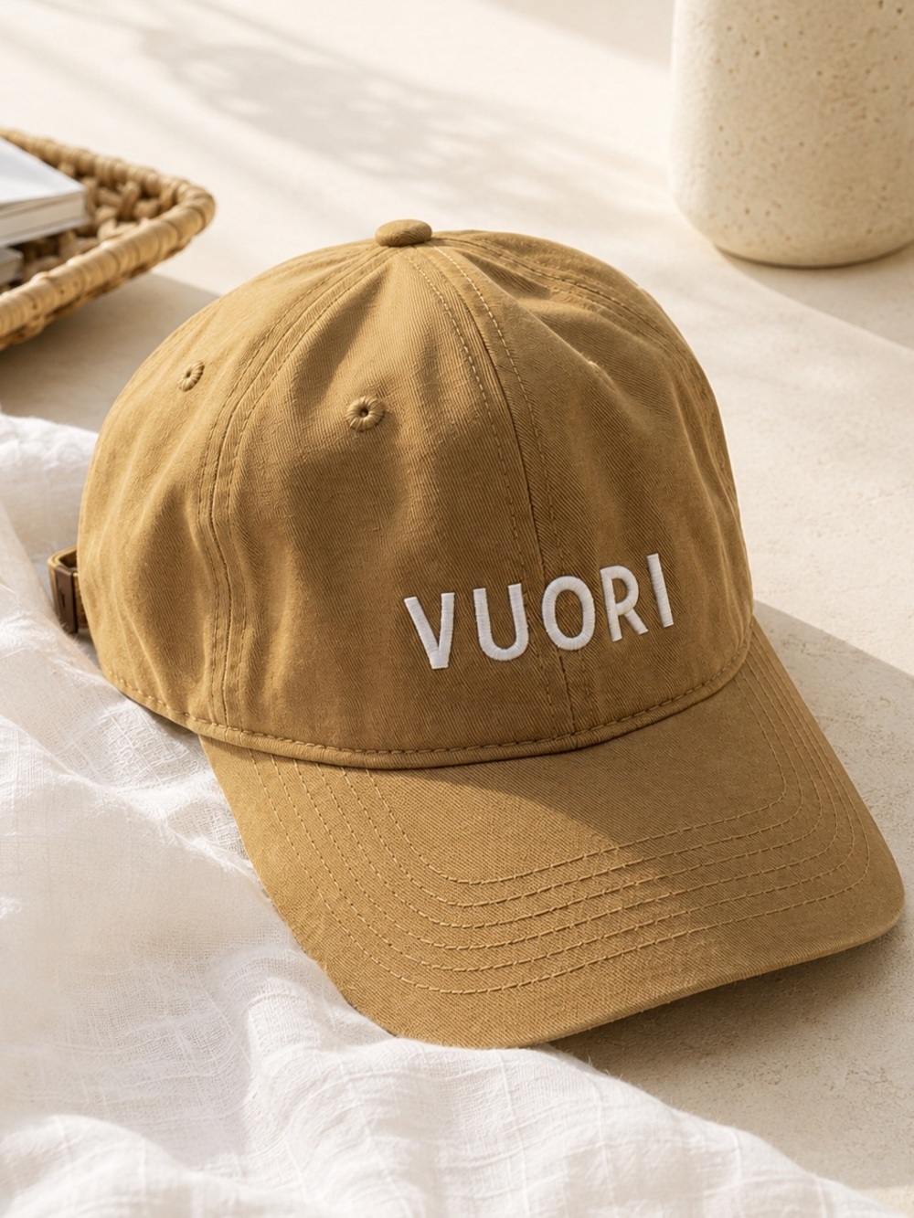Vuori Tan Logo Baseball Cap Adjustable Cotton Hat | Gorpcore Sporty Gymcore